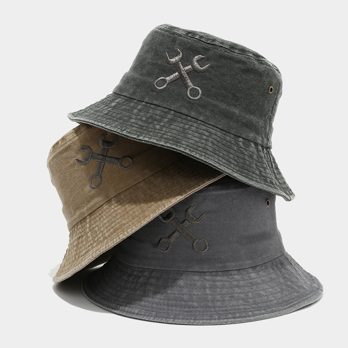 Creative Embroidered Bucket Hat - 'Fix Things' Mechanic Wrench Design, UV Protection, Breathable Outdoor Fisherman Hat