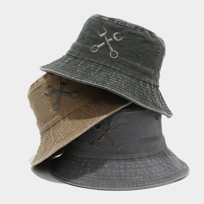 Creative Embroidered Bucket Hat - 'Fix Things' Mechanic Wrench Design, UV Protection, Breathable Outdoor Fisherman Hat
