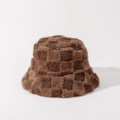 Autumn Winter Checkerboard Fleece-Lined Fisherman Hat - Long Pile, Thickened for Skiing & Outdoor Commute