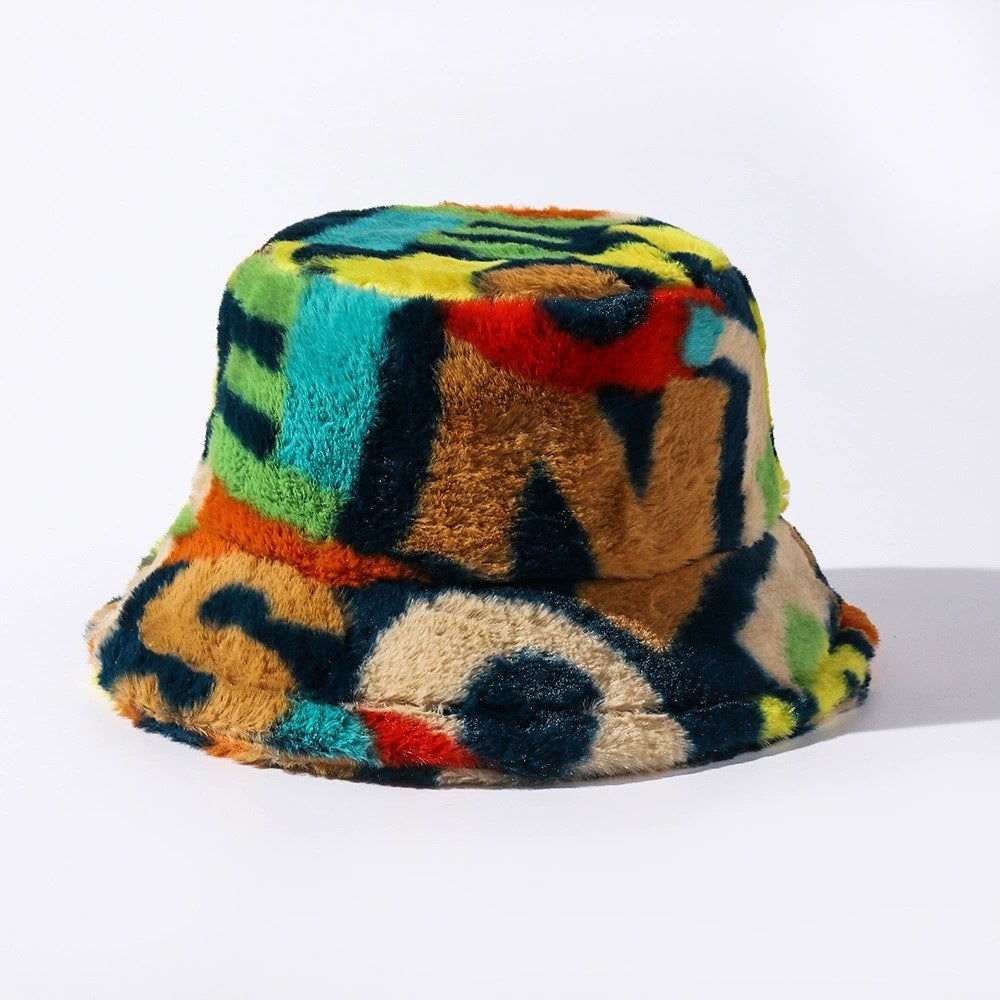 Autumn Winter Tie-Dye Letter Fleece Fisherman Hat – Thickened, Unisex for Skiing & Outdoor Commute