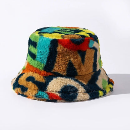 Autumn Winter Tie-Dye Letter Fleece Fisherman Hat – Thickened, Unisex for Skiing & Outdoor Commute