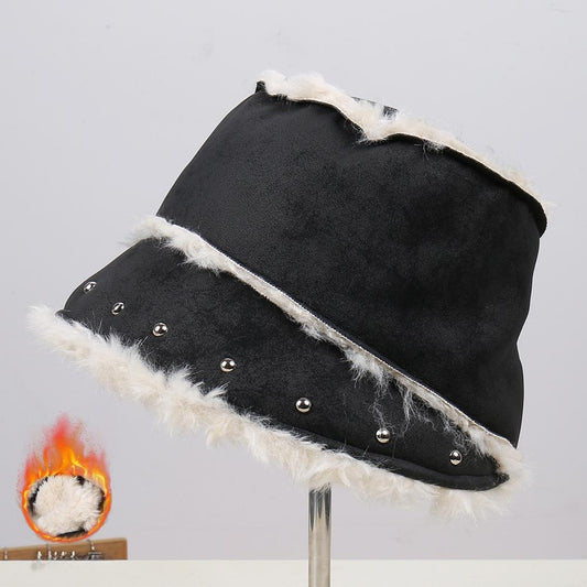 Unisex Autumn Winter New Fashion Suede Bucket Hat, Faux Rabbit Fur Lined Thickened Warm Small Brim Basin Cap, Stylish Elegant Headwear
