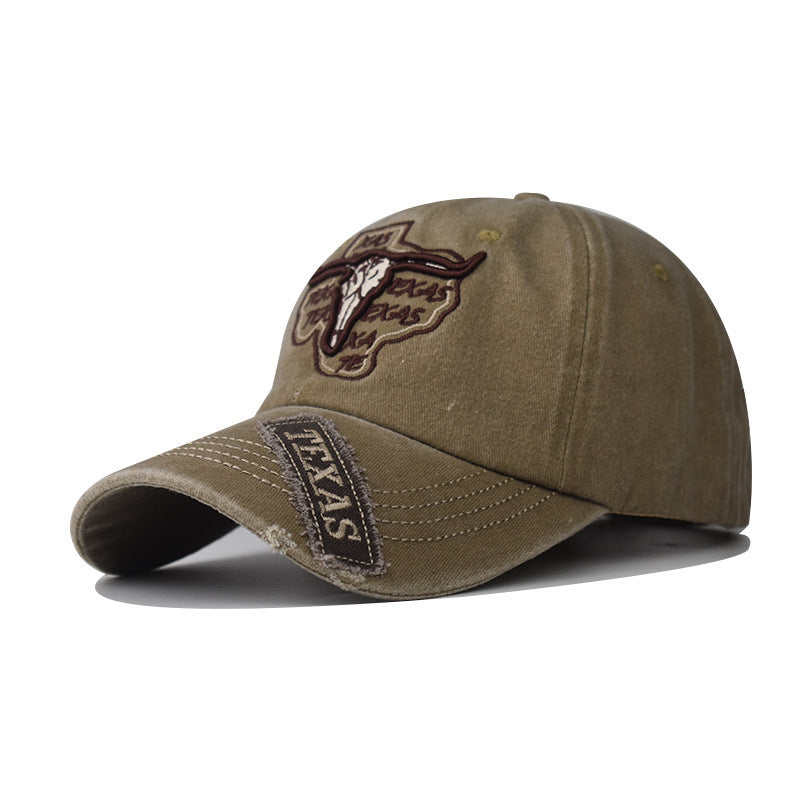 Retro Texas Longhorn Skull Embroidered Baseball Cap - Vintage Washed Cotton Hat