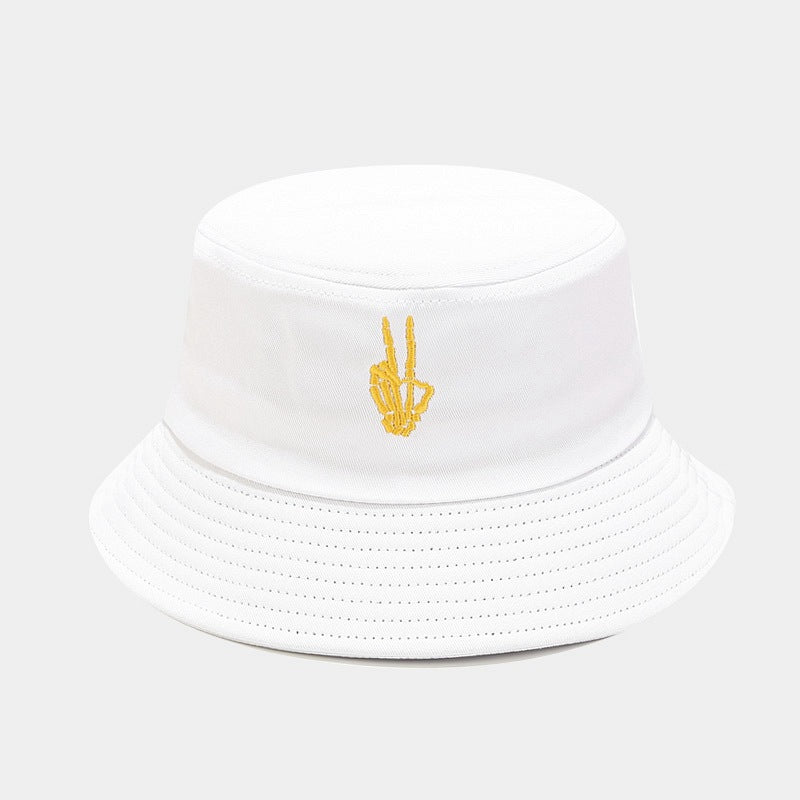 "Skull Finger Embroidered Bucket Hat - New European-American Style Fishing Hat for Cross-Border E-Commerce Trendsetters" White Hat - Size undefined