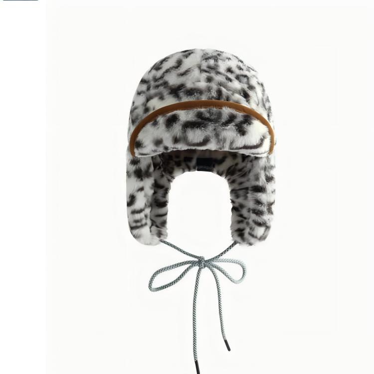 Retro Leopard Print Sherpa Ear Flap Hat - Thermal Trapper Style Winter Cap for Skiing Cycling Hiking