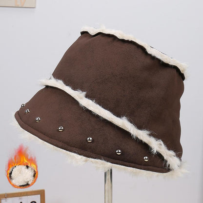 Unisex Autumn Winter New Fashion Suede Bucket Hat, Faux Rabbit Fur Lined Thickened Warm Small Brim Basin Cap, Stylish Elegant Headwear