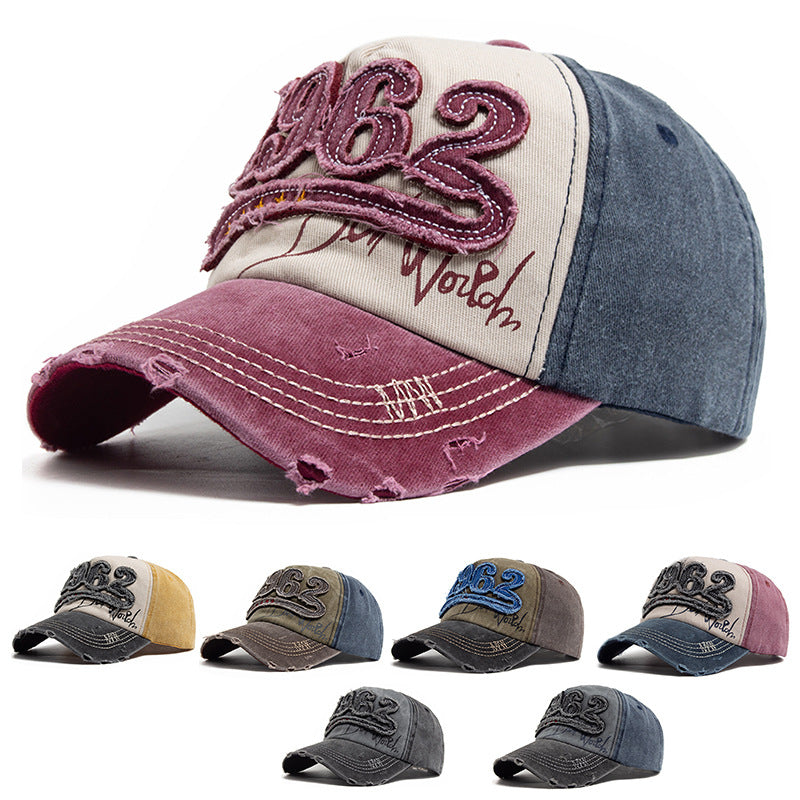 Vintage 1962 Distressed Baseball Cap - Washed Cotton Patchwork Hat with Embroidery and Adjustable Strap