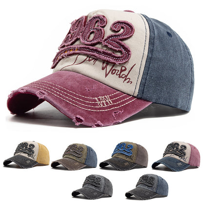 Vintage 1962 Distressed Baseball Cap - Washed Cotton Patchwork Hat with Embroidery and Adjustable Strap