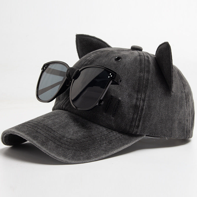 Vintage Cat Ear Baseball Cap -  Washed Distressed Cotton Hat with Sunglasses Holder