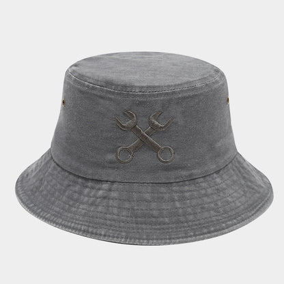 Creative Embroidered Bucket Hat - 'Fix Things' Mechanic Wrench Design, UV Protection, Breathable Outdoor Fisherman Hat