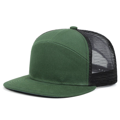 7-Panel Flat Brim Trucker Hat – Breathable Mesh Back, Lightweight Cotton Blend, Unisex Summer Outdoor Sun Protection Cap