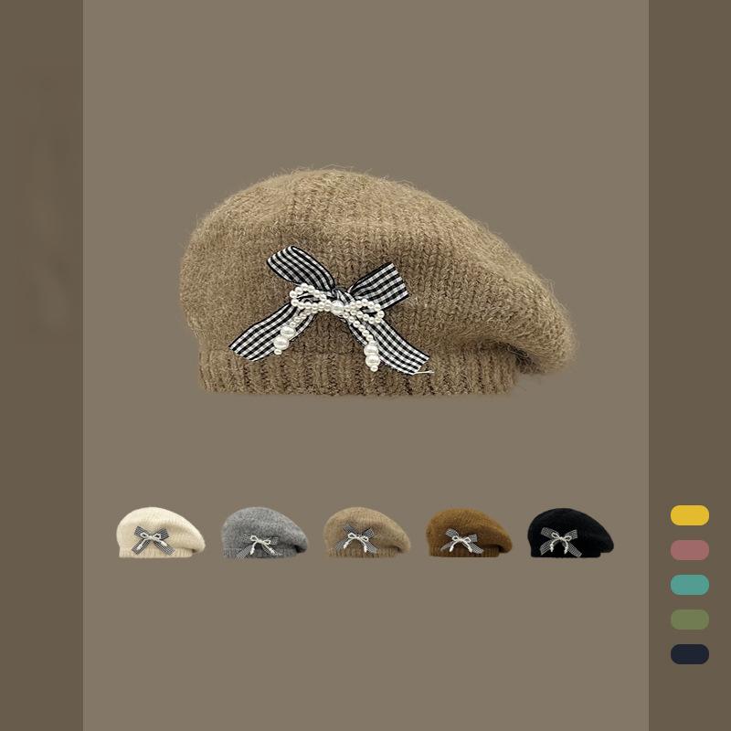 Vintage Knitted Bow Beret - Thickened Winter Hat for Cycling Skiing Outdoor Activities