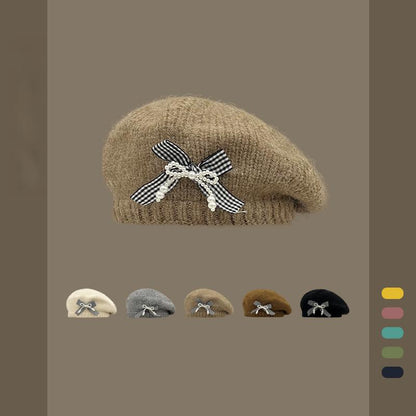 Vintage Knitted Bow Beret - Thickened Winter Hat for Cycling Skiing Outdoor Activities