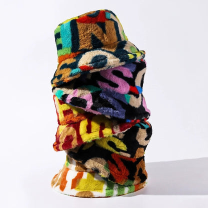 Autumn Winter Tie-Dye Letter Fleece Fisherman Hat – Thickened, Unisex for Skiing & Outdoor Commute