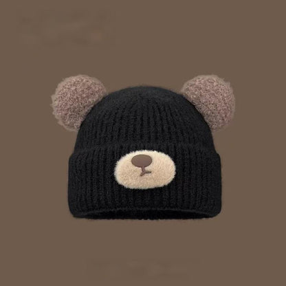 Women's Autumn Winter Knit Beanie with Bear Ears - Fleece Lined, Warm Close-Fit for Cold Days
