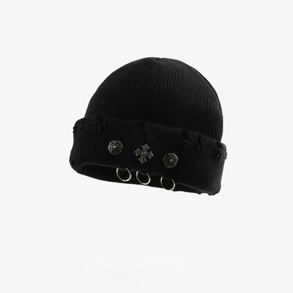 Vintage Cross Knit Beanie - Distressed Style, Punk Streetwear, Warm for Outdoor & Gatherings