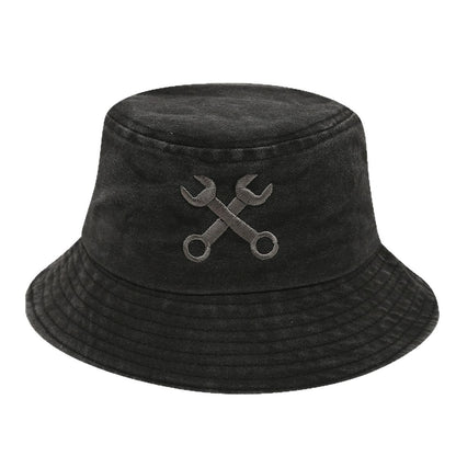 Creative Embroidered Bucket Hat - 'Fix Things' Mechanic Wrench Design, UV Protection, Breathable Outdoor Fisherman Hat