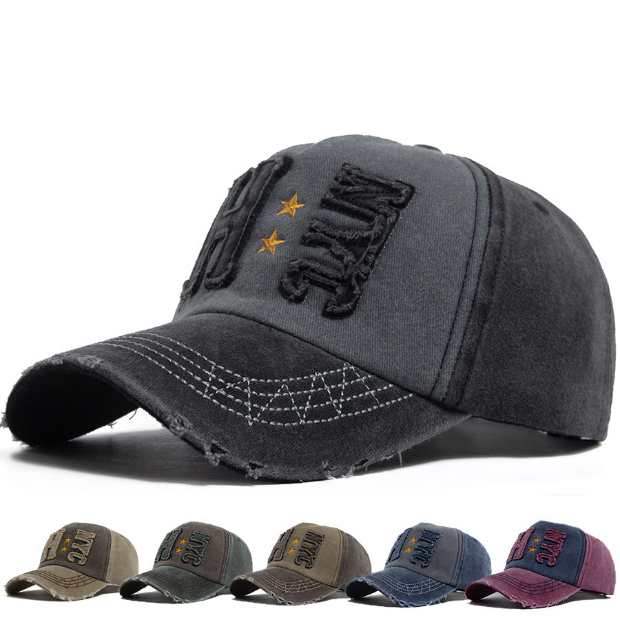 Vintage H NYC Distressed Baseball Cap - Washed Cotton Embroidered Retro Hat with Stars