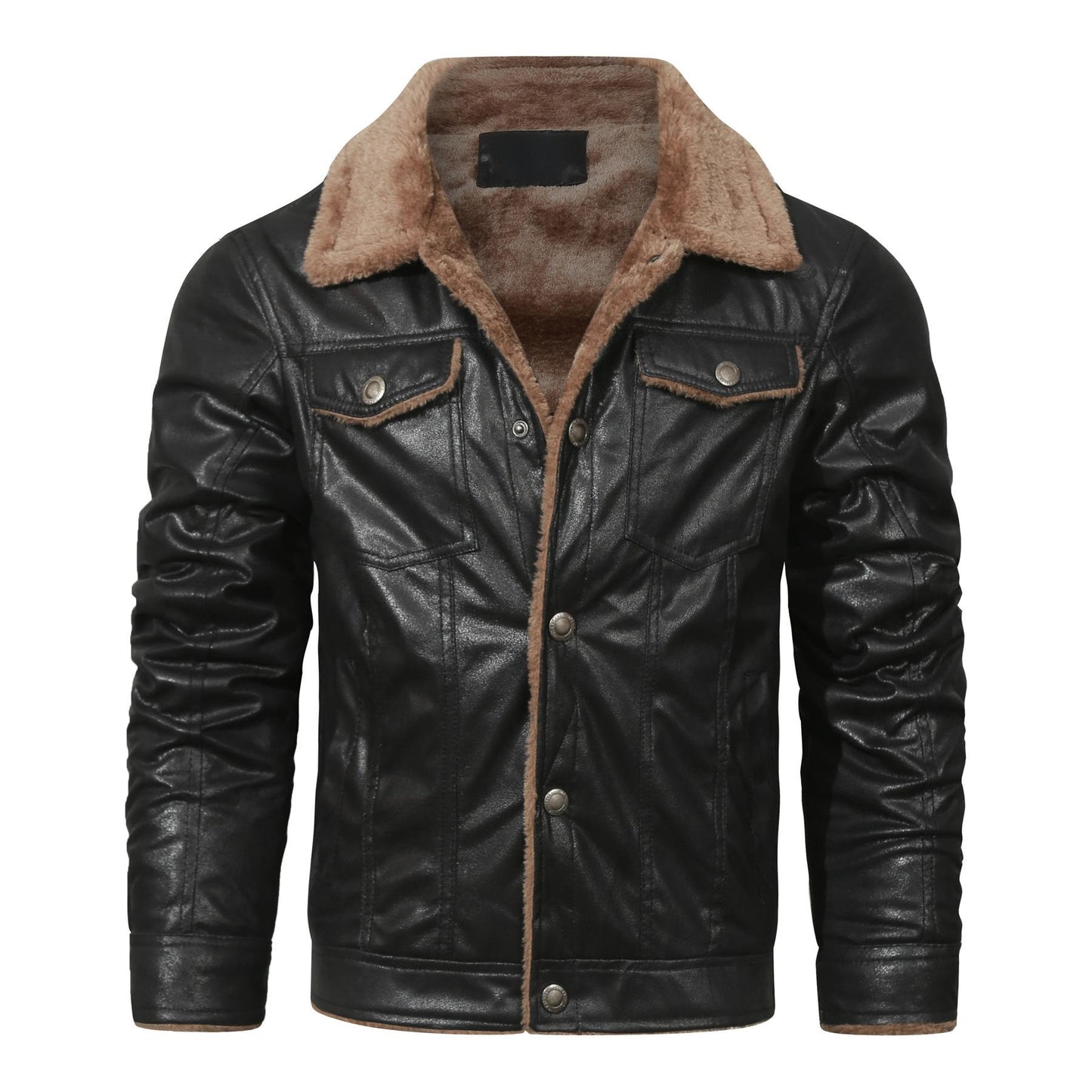 Men's Warm Fleece PU Leather Jacket, Casual Lapel Faux Leather Jacket Coat For Fall Winter