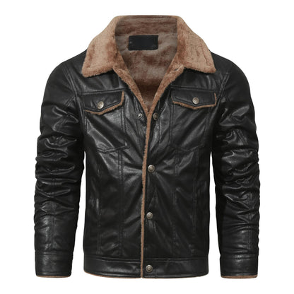 Men's Warm Fleece PU Leather Jacket, Casual Lapel Faux Leather Jacket Coat For Fall Winter