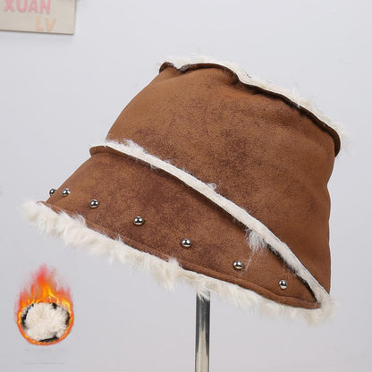 Unisex Autumn Winter New Fashion Suede Bucket Hat, Faux Rabbit Fur Lined Thickened Warm Small Brim Basin Cap, Stylish Elegant Headwear