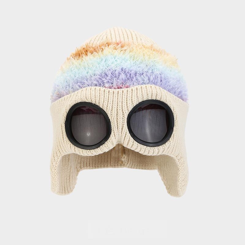Pilot Goggles-Embellished Knitted Beanie for Unisex, Autumn Winter Warm Ski Hat, Trendy Versatile Cold-Protection Headwear