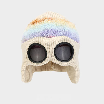 Pilot Goggles-Embellished Knitted Beanie for Unisex, Autumn Winter Warm Ski Hat, Trendy Versatile Cold-Protection Headwear