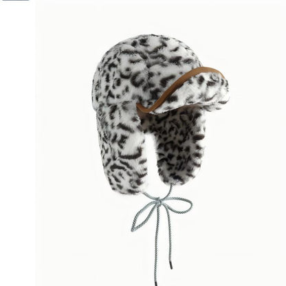 Retro Leopard Print Sherpa Ear Flap Hat - Thermal Trapper Style Winter Cap for Skiing Cycling Hiking