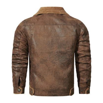 Men's Warm Fleece PU Leather Jacket, Casual Lapel Faux Leather Jacket Coat For Fall Winter