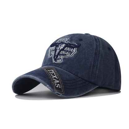 Retro Texas Longhorn Skull Embroidered Baseball Cap - Vintage Washed Cotton Hat