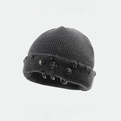 Vintage Cross Knit Beanie - Distressed Style, Punk Streetwear, Warm for Outdoor & Gatherings