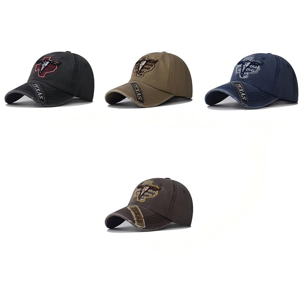 Retro Texas Longhorn Skull Embroidered Baseball Cap - Vintage Washed Cotton Hat