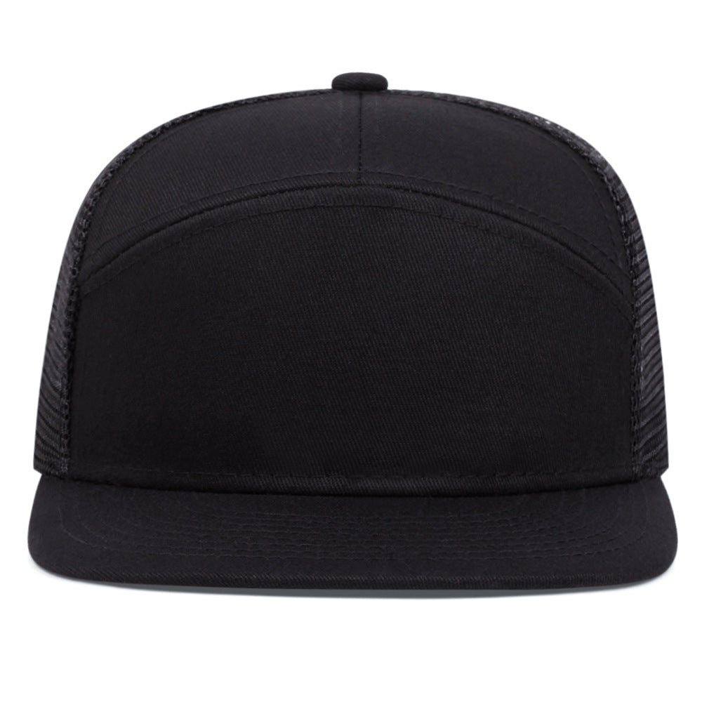 7-Panel Flat Brim Trucker Hat – Breathable Mesh Back, Lightweight Cotton Blend, Unisex Summer Outdoor Sun Protection Cap
