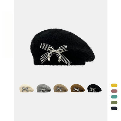 Vintage Knitted Bow Beret - Thickened Winter Hat for Cycling Skiing Outdoor Activities