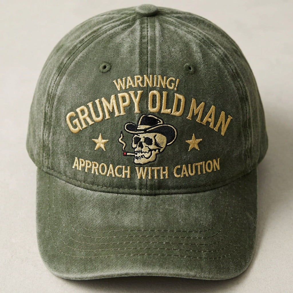 Grumpy Old Man Distressed Baseball Cap Warning Funny Embroidered Skull Hat