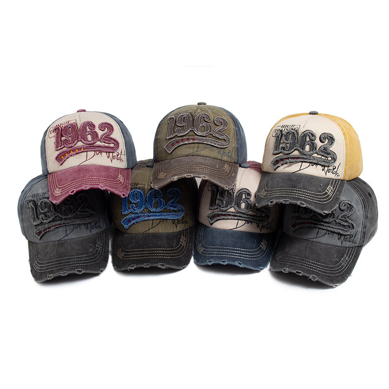 Vintage 1962 Distressed Baseball Cap - Washed Cotton Patchwork Hat with Embroidery and Adjustable Strap