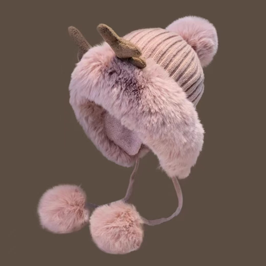 Women's Retro Christmas Knit Beanie - Cute Antler & Pom Pom, Fleece-Lined Ear Warmers for Winter Warmth