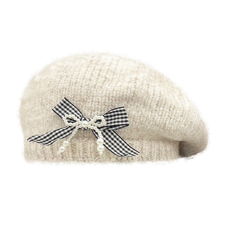 Vintage Knitted Bow Beret - Thickened Winter Hat for Cycling Skiing Outdoor Activities
