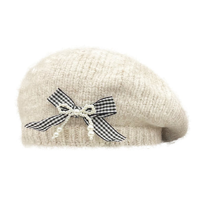 Vintage Knitted Bow Beret - Thickened Winter Hat for Cycling Skiing Outdoor Activities