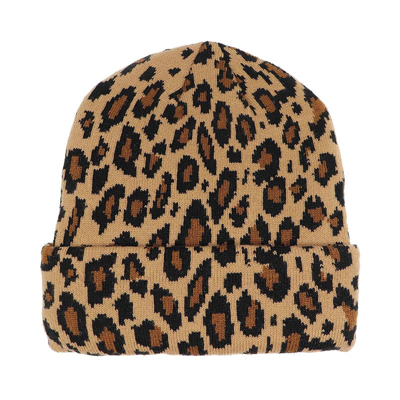 Leopard Print Knit Beanie with Ear Flaps - Chunky Acrylic Winter Hat for Outdoor Sports & Snow Activities