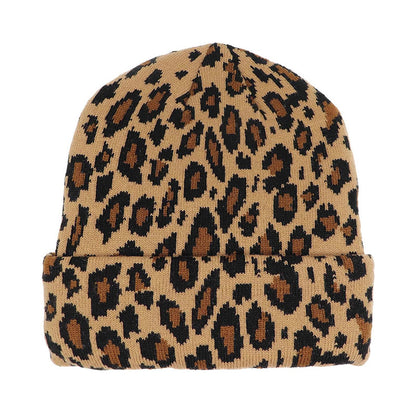 Leopard Print Knit Beanie with Ear Flaps - Chunky Acrylic Winter Hat for Outdoor Sports & Snow Activities
