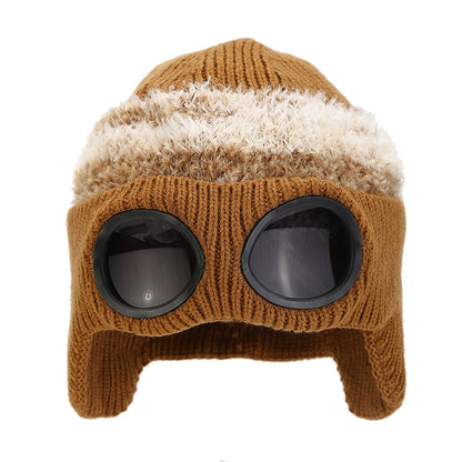 Pilot Goggles-Embellished Knitted Beanie for Unisex, Autumn Winter Warm Ski Hat, Trendy Versatile Cold-Protection Headwear