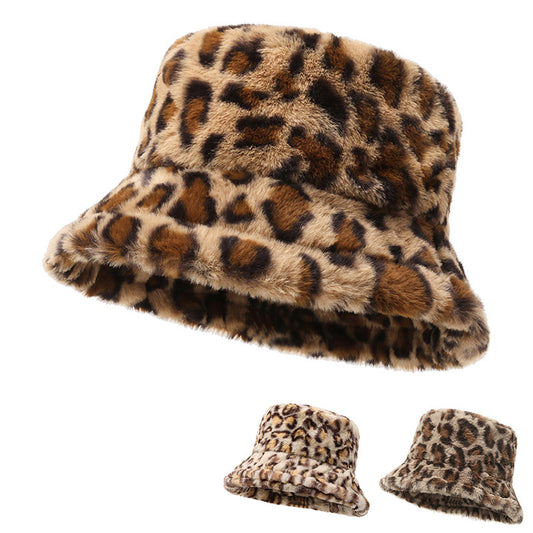 Leopard Print Bucket Hat - Plush Fisherman Beanie with Adjustable Fit for Cold Weather