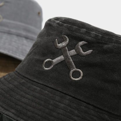 Creative Embroidered Bucket Hat - 'Fix Things' Mechanic Wrench Design, UV Protection, Breathable Outdoor Fisherman Hat