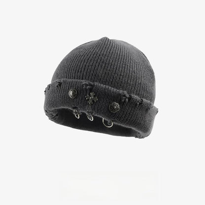 Vintage Cross Knit Beanie - Distressed Style, Punk Streetwear, Warm for Outdoor & Gatherings