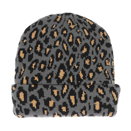 Leopard Print Knit Beanie with Ear Flaps - Chunky Acrylic Winter Hat for Outdoor Sports & Snow Activities