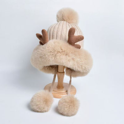 Women's Retro Christmas Knit Beanie - Cute Antler & Pom Pom, Fleece-Lined Ear Warmers for Winter Warmth
