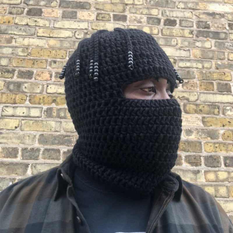 Knitted Beanie for Unisex, Autumn Winter Funny Ear-Warming Mask-Integrated Cap, Trendy Headwear