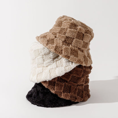 Autumn Winter Checkerboard Fleece-Lined Fisherman Hat - Long Pile, Thickened for Skiing & Outdoor Commute