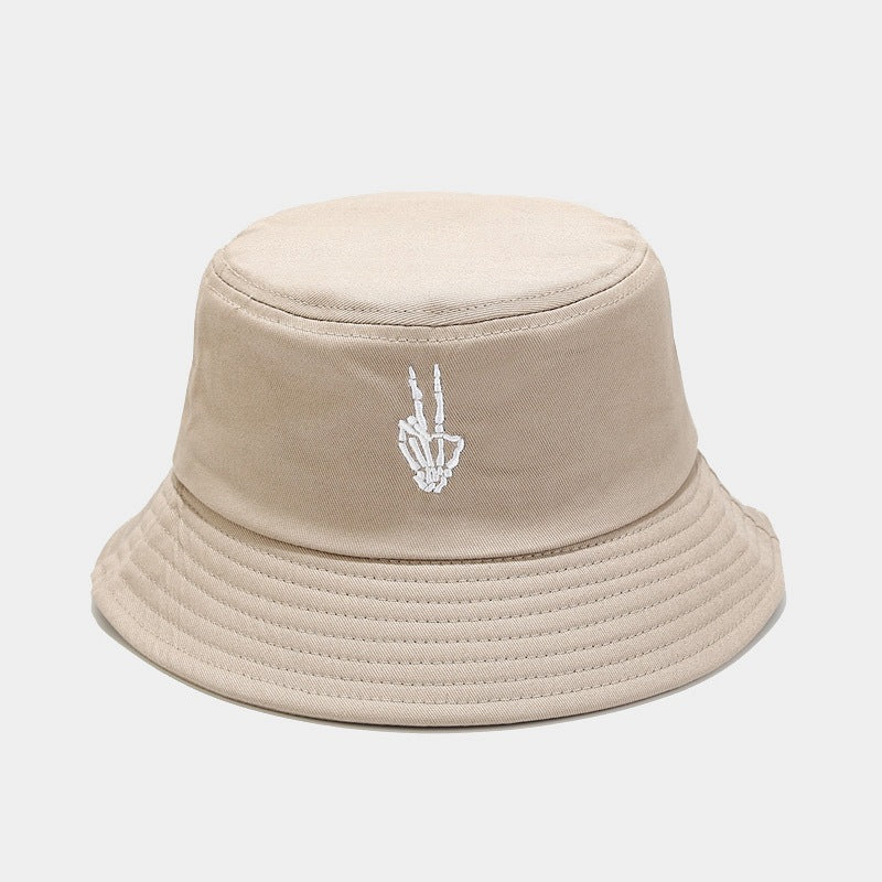 "Skull Finger Embroidered Bucket Hat - New European-American Style Fishing Hat for Cross-Border E-Commerce Trendsetters" Khaki Hat - Size undefined